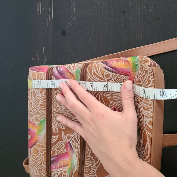 Anuschka Medium Crossbody With Double Zip Pockets Tooled Birds Tan - Picture 12 of 12